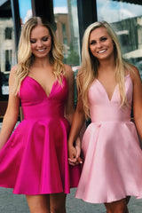 Red A-Line Spaghetti Straps Satin Short Homecoming Dress with Pockets