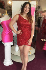 Pink Sequin One Shoulder Short Homecoming Dress, Sparkly Party Cocktail Gown