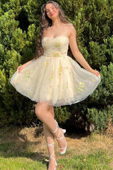 Champagne Tulle Homecoming Dress with Embroidery, Spaghetti Straps, Short Party Gown