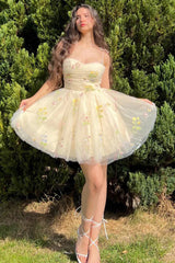 Champagne Tulle Homecoming Dress with Embroidery, Spaghetti Straps, Short Party Gown