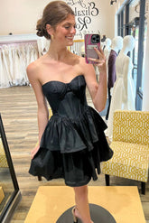 Black Boned Strapless Layered Homecoming Dress - DollyGown