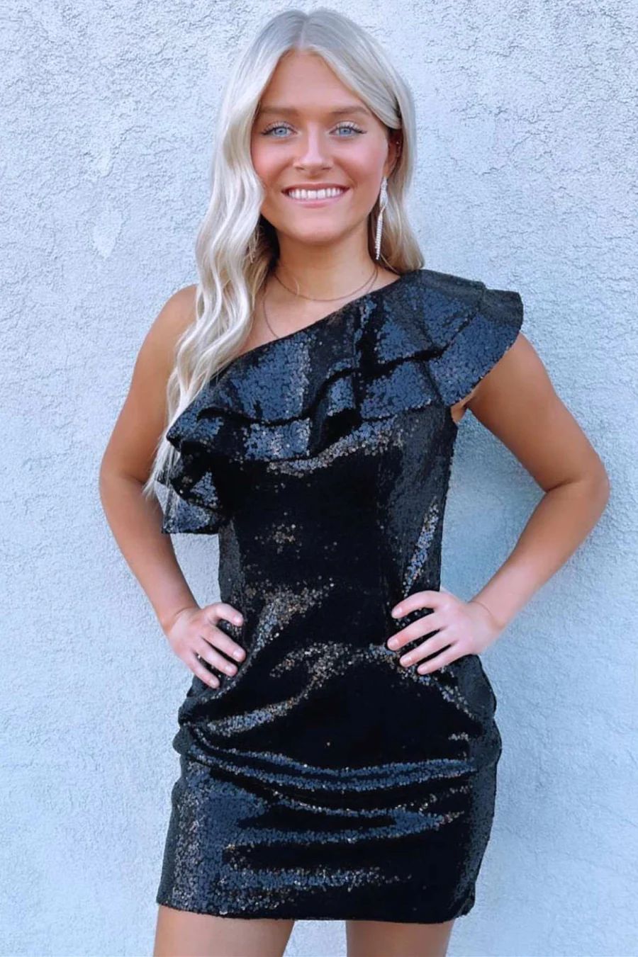 Black One Shoulder Sequins Homecoming Dress for Juniors - DollyGown