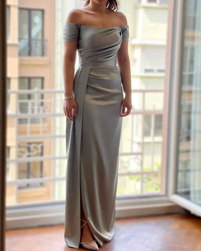 Elegant Off-Shoulder Silver Sheath Dress with Slit for Special Occasions