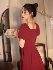 Burgundy Short Summer Mini Dress with Bubble Sleeves - DollyGown