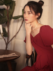 Burgundy Short Summer Mini Dress with Bubble Sleeves - DollyGown