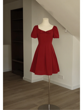 Burgundy Short Summer Mini Dress with Bubble Sleeves - DollyGown
