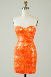 Elegant Orange Strapless Sequin Homecoming Dress Tight Fit Mini Length