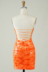 Elegant Orange Strapless Sequin Homecoming Dress Tight Fit Mini Length