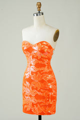 Elegant Orange Strapless Sequin Homecoming Dress Tight Fit Mini Length