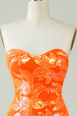 Elegant Orange Strapless Sequin Homecoming Dress Tight Fit Mini Length