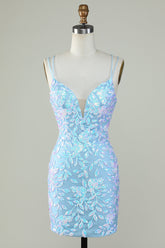 Light Blue Sparkly Lace Up Back Short Homecoming Party Dress