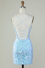 Light Blue Sparkly Lace Up Back Short Homecoming Party Dress