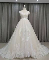 Cap Sleeves Ball Gown Lace Princess Wedding Dress - DollyGown