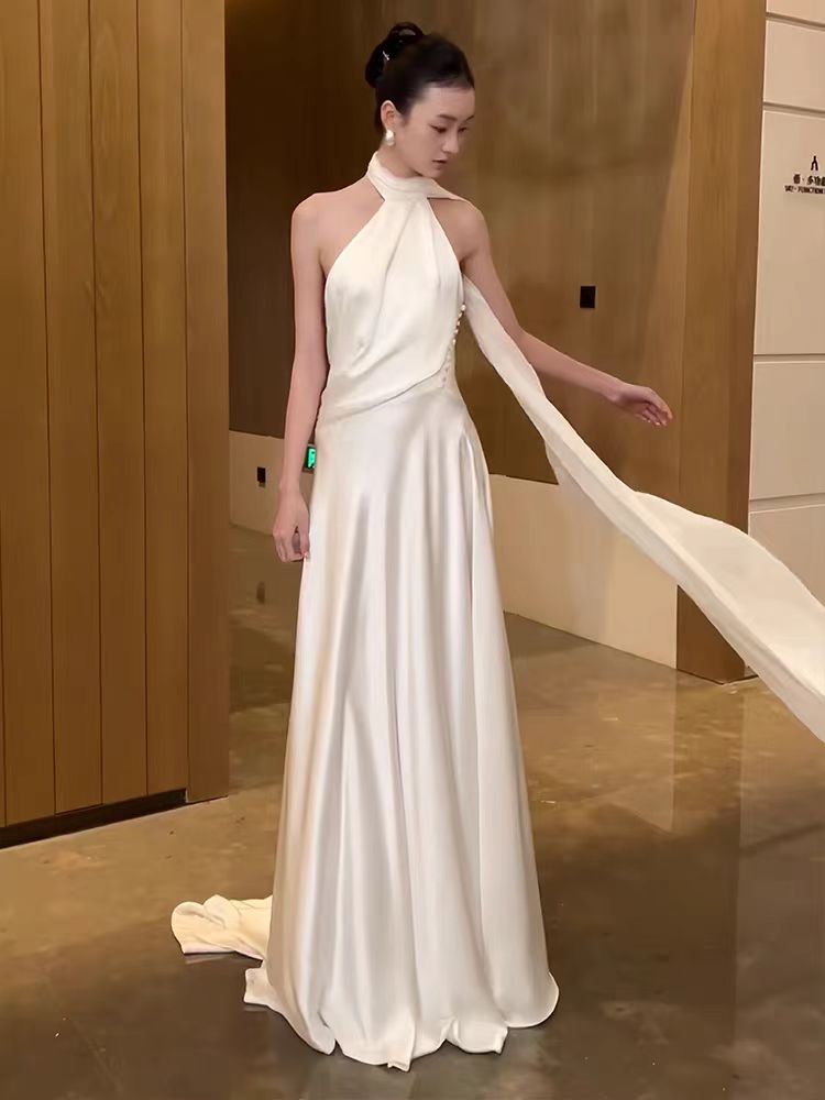 Casual Halter Neck Low Back Silk Slip Wedding Dress with Draping