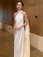 Casual Halter Neck Low Back Silk Slip Wedding Dress with Draping