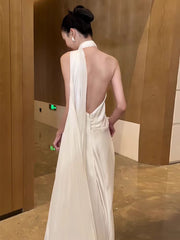 Casual Halter Neck Low Back Silk Slip Wedding Dress with Draping
