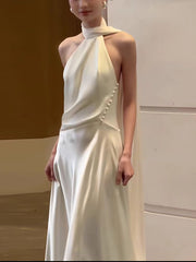 Casual Halter Neck Low Back Silk Slip Wedding Dress with Draping
