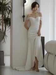 Casual Off the Shoulder Silk Dress For Wedding with Court Train and Draping