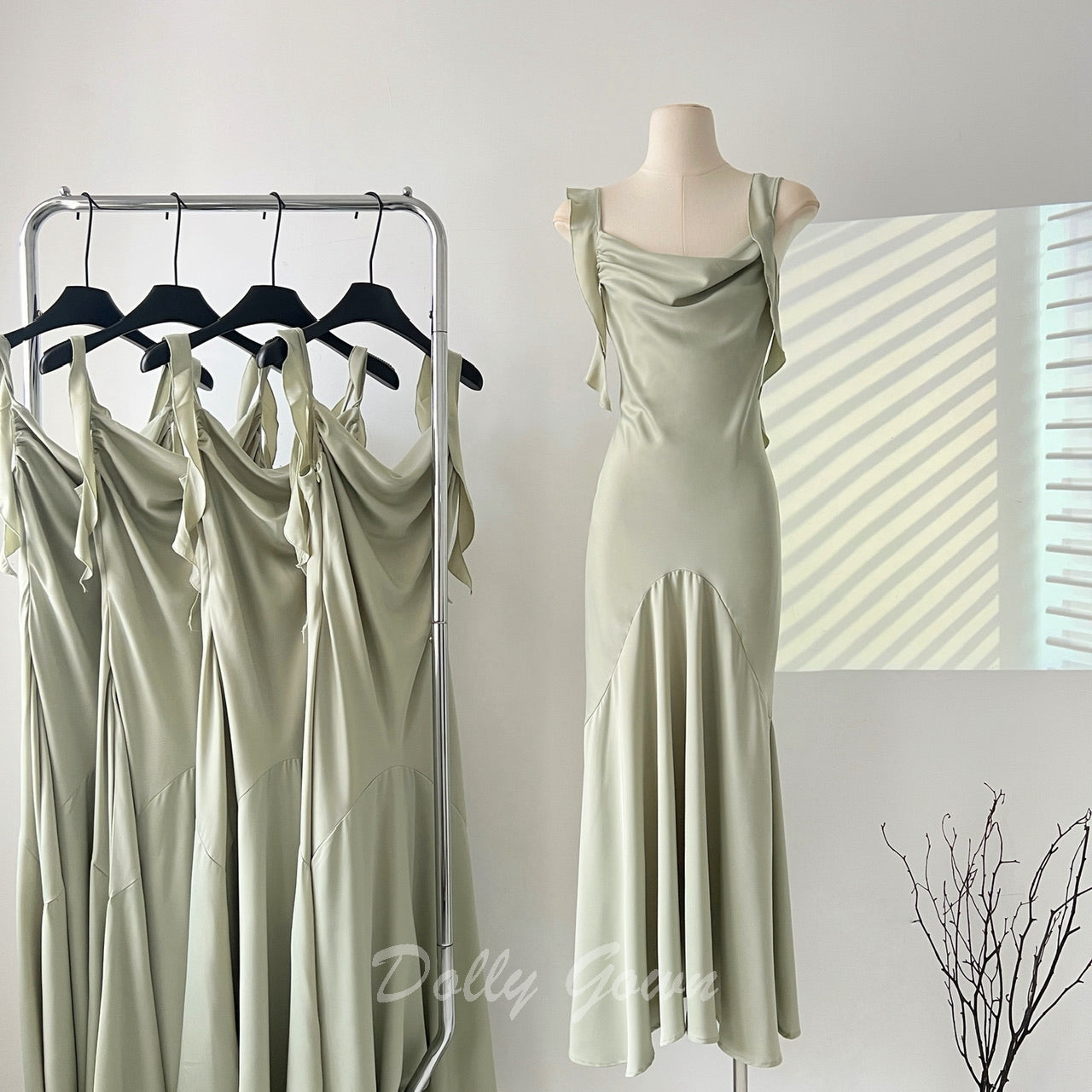 Casual Sage Green Cowl Neck Maxi Slip Dress Bridesmaid Dresses - DollyGown
