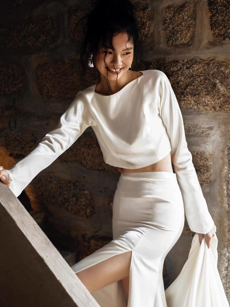 Casual Silk Two Piece Wedding Dress with Long Sleeves and Side Slit