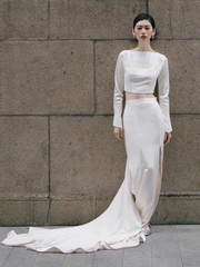 Casual Silk Two Piece Wedding Dress with Long Sleeves and Side Slit