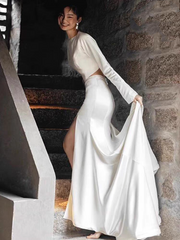 Casual Silk Two Piece Wedding Dress with Long Sleeves and Side Slit