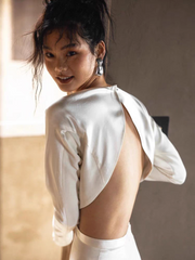 Casual Silk Two Piece Wedding Dress with Long Sleeves and Side Slit