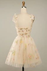Champagne Floral Embroidery Homecoming Dress - DollyGown