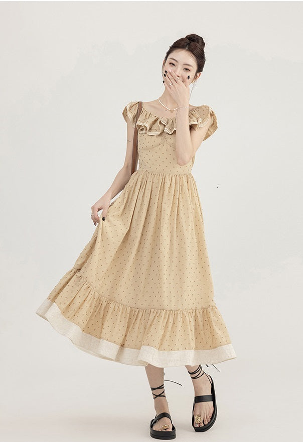 Champagne Polka Dot Round Neck Summer Vintage Swing Dress - DollyGown