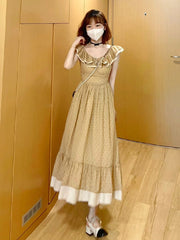 Champagne Polka Dot Round Neck Summer Vintage Swing Dress - DollyGown