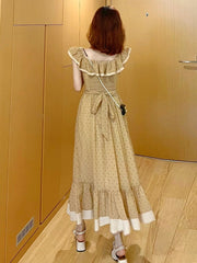 Champagne Polka Dot Round Neck Summer Vintage Swing Dress - DollyGown