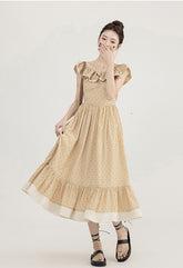 Champagne Polka Dot Round Neck Summer Vintage Swing Dress - DollyGown