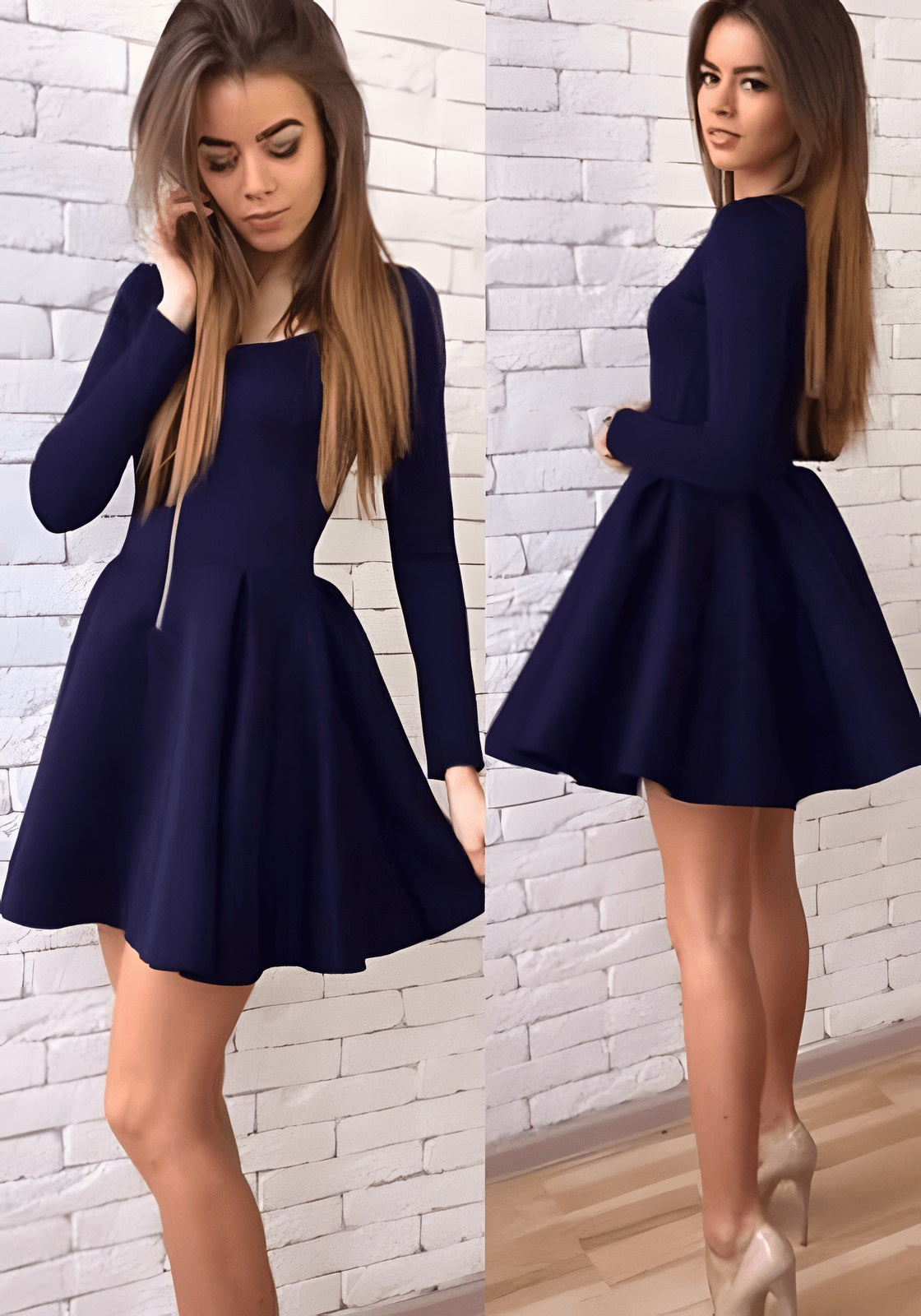 Navy Blue Long Sleeves Modest Mini Short Prom Dress under 100