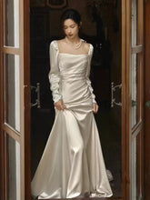 Column Square Neck Long Sleeve Silk Wedding Dress - DollyGown