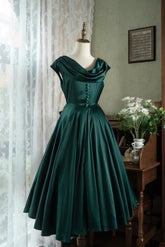 Cow Neck 50s Open Back Vintage Emerald Green Dress - DollyGown