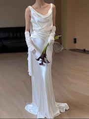 Cowl Neck Column Silk Backless Wedding Dress - DollyGown