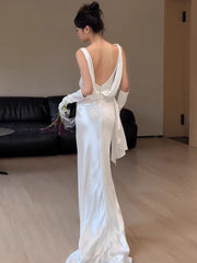 Cowl Neck Column Silk Backless Wedding Dress - DollyGown