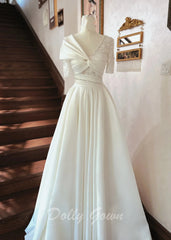 Crisscross Front Aline Short Sleeve Satin Wedding Dress - DollyGown