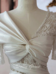 Crisscross Front Aline Short Sleeve Satin Wedding Dress - DollyGown