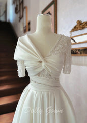 Crisscross Front Aline Short Sleeve Satin Wedding Dress - DollyGown