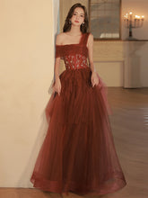Elegant Burgundy One-Shoulder Tulle A-Line Floor-Length Prom Dress with Sequin Beading