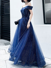 Dark Blue Tulle Off Shoulder Long Prom Wedding Party Dress