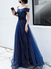 Dark Blue Tulle Off Shoulder Long Prom Wedding Party Dress