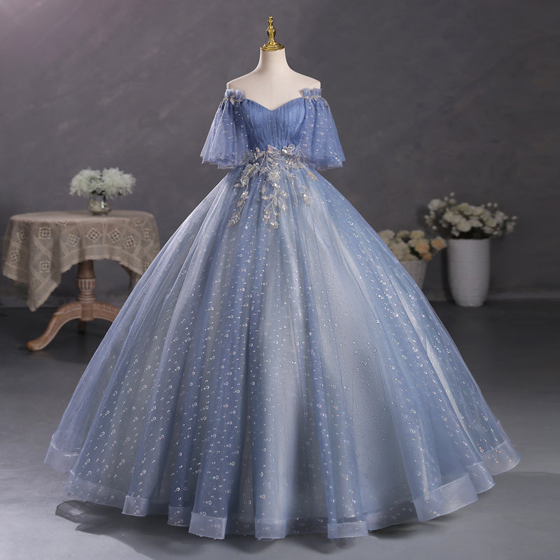 Dusty Blue Off The Shoulder Masquerade Ball Gown Quinceanera Dress - DollyGown