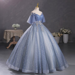 Dusty Blue Off The Shoulder Masquerade Ball Gown Quinceanera Dress - DollyGown