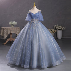 Dusty Blue Off The Shoulder Masquerade Ball Gown Quinceanera Dress - DollyGown