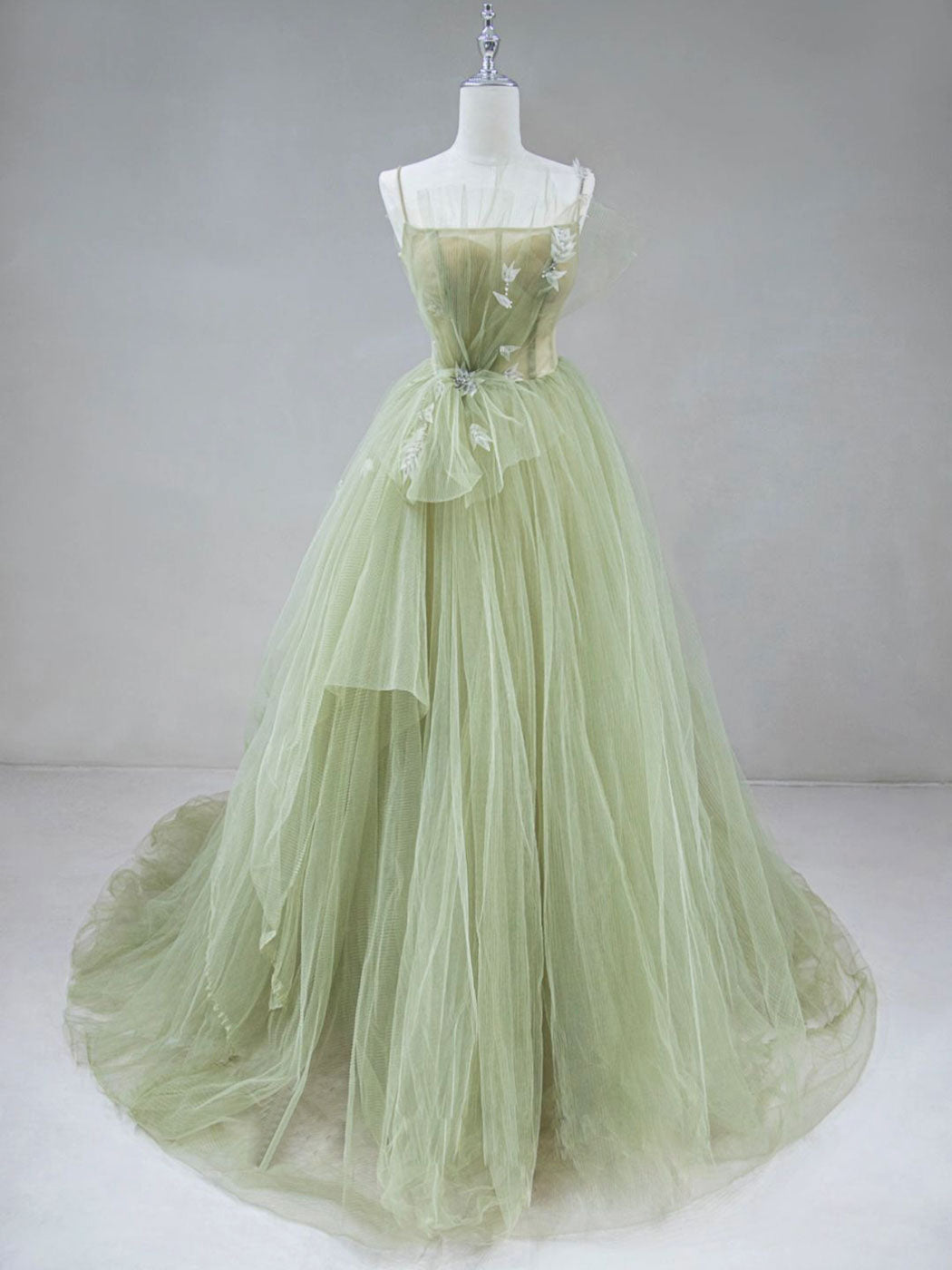 Exquisite Green Tulle Long A-Line Prom Dress Formal Evening Gown