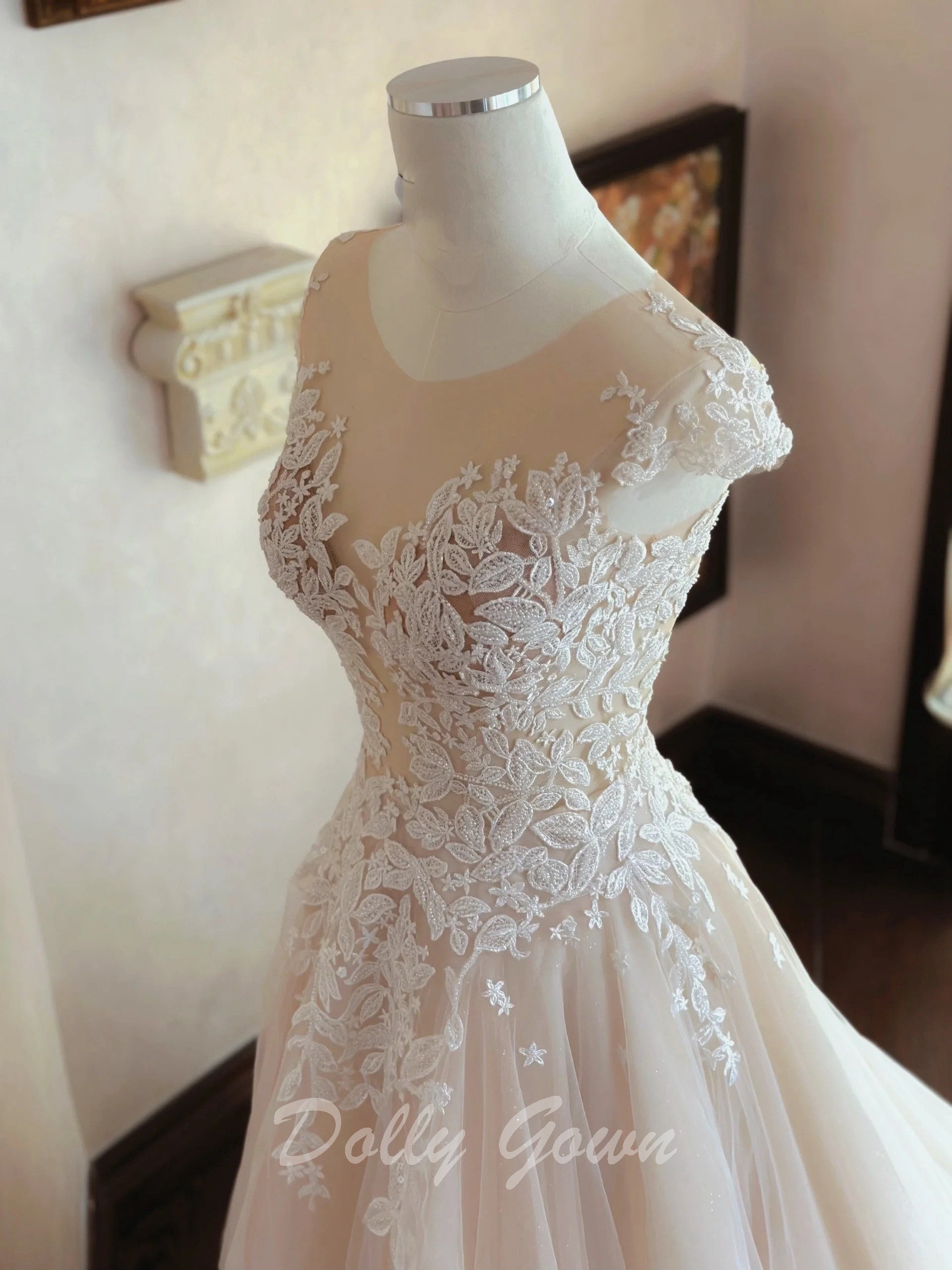 Elegant Lace Top See Through Summer Sheer Wedding Dress - DollyGown