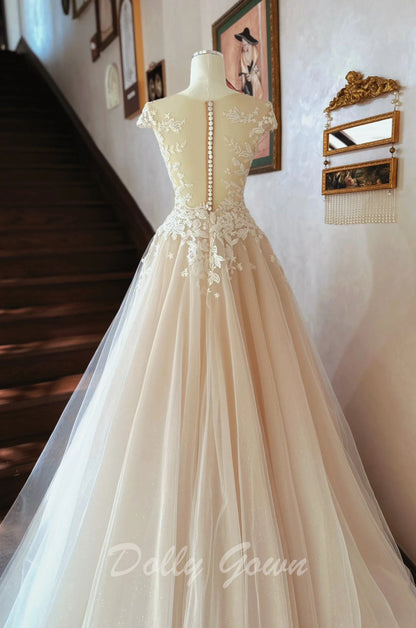 Elegant Lace Top See Through Summer Sheer Wedding Dress - DollyGown