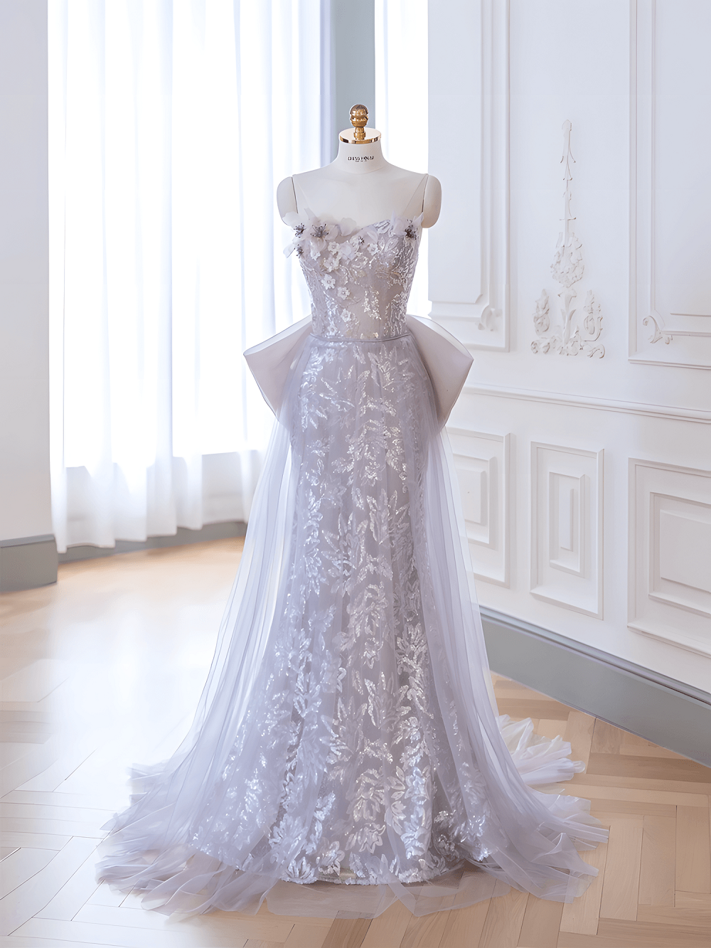 Elegant Taro Purple Sheath Sequins Formal Dress with removeable Tulle Train - DollyGown